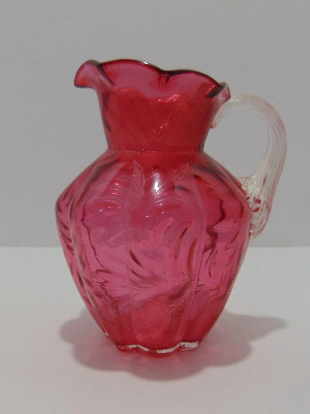 Fenton Glass Country Cranberry Creamer Leaf Pattern Clear Ribbed Handle